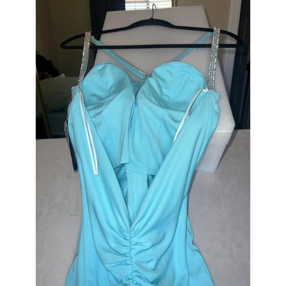 Nicole Bakti Turquoise Blue Rhinestone Ruched Formal Prom Gown Dress Womens Sz S - Picture 3 of 12